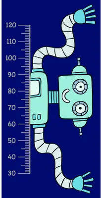 A navy background features a stylised robot with mint-green body panels, white articulated arms extending upward and downward, and a measurement scale running vertically from 30 to 120 centimetres along its side.