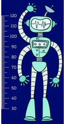 A stylised robot with a rectangular head, round eyes, articulated limbs, and a dial chest stands against a navy background with measurement markings from 30 to 120 centimetres along its left side.