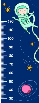 A height measurement chart featuring a smiling astronaut in a teal spacesuit floating among yellow stars and a pink planet against a dark blue background.