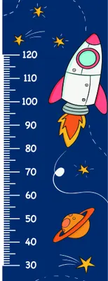 A vertical height chart featuring a white and pink rocket ship with yellow flames, orange planet, yellow stars, and measurement markings from 30 to 120 centimetres against a dark blue background.
