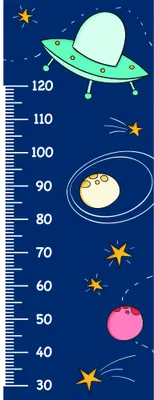 A height chart featuring a green UFO with a large circular window, a full moon, pink planet, yellow stars, and measurement scale from 30 to 120 centimetres on a deep blue background.