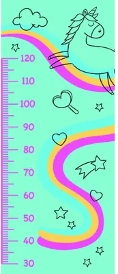 A whimsical height chart showing a unicorn with a rainbow mane beside colourful curved rainbows and height measurements from 30 to 120 centimetres, set against a mint green background with stars and clouds.