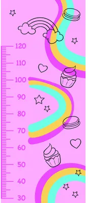 A pink height chart marked from 30 to 120 centimetres, decorated with illustrated rainbows, cupcakes, stars and hearts in pastel colours.