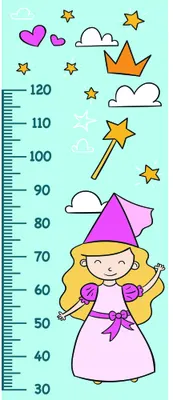 A colourful height chart illustration featuring a cartoon girl in a pointed wizard hat and purple robes holding a glowing wand, surrounded by stars and clouds, with measurement markers from 30 to 120 centimetres along the left side.