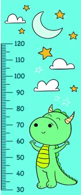 A smiling green cartoon dinosaur stands beside a numbered height measurement scale from 30 to 120, with stars and clouds decorating a turquoise background.