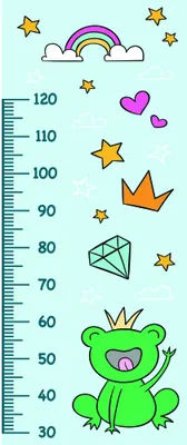 A bright height chart features a grinning lime-green frog wearing an orange crown at the base, surrounded by scattered gold stars, a pink heart, and a rainbow cloud spanning the upper section, with measurement markings from 30 to 120 centimetres.