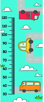 A vertical height measurement chart from 30 to 120 centimetres featuring colourful illustrated vehicles including a yellow bus, red truck, and orange van, with white clouds scattered across a bright turquoise background.