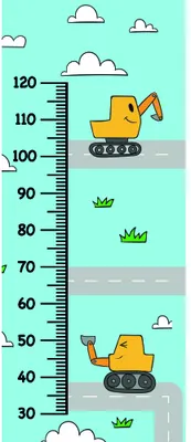 A height chart showing two yellow excavators with caterpillar tracks positioned at different heights against a turquoise background with white clouds and green grass tufts.