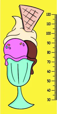 A colourful cartoon illustration of a three-scoop ice cream sundae with a pink waffle cone on a yellow background, with a height measurement scale running vertically from 30 to 120 centimetres.