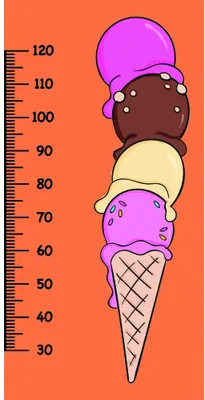 A cartoon illustration of three ice cream cones stacked vertically against an orange background, with a measurement scale on the left showing heights from 30 to 120 centimetres.