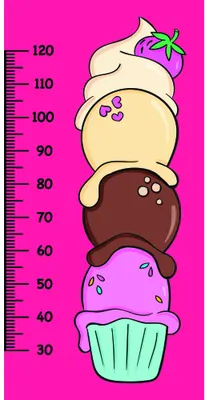 A colourful height chart illustrated as a stacked ice cream sundae with a pale base, chocolate and cream layers, a purple middle scoop, and a yellow-cream top topped with a pink starfruit, against a bright pink background with measurement markings.