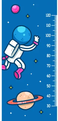 An illustration of a smiling astronaut in a white suit with pink boots floating among stars, planets and geometric shapes on a deep blue background, with a height scale marked 30 to 120 on the right side.