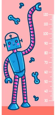 A cartoon robot with a square blue body and purple striped extending arms stands on a pink background with a height measurement scale from 30 to 120 centimetres.
