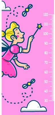 A cartoon character in pink clothing holds a green wand with stars, surrounded by floating bubbles against a bright pink background with height measurements from 30 to 120 centimetres.