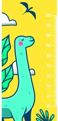 A turquoise cartoon dinosaur stands next to a yellow height measurement chart marked with numbers from 30 to 120 centimetres, surrounded by green tropical leaves and a flying bird.