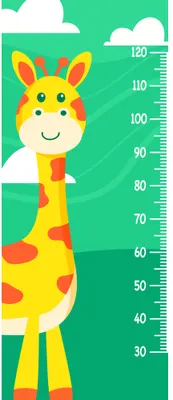 A cartoon giraffe with yellow and orange patches and a smiling face stands beside a height measurement scale marked from 30 to 120 centimetres on a green background with white clouds.