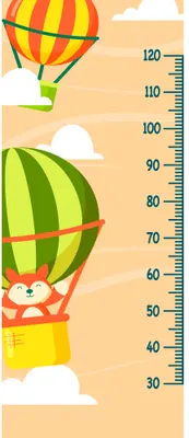 A vertical height chart featuring two hot air balloons in red and yellow striped and green striped designs floating among white clouds, with a measurement scale from 30 to 120 centimetres running down the right side.