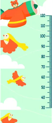 A vertical growth chart with illustrated orange and yellow birds and aeroplanes positioned at different heights alongside a measurement scale from 30 to 120 centimetres on a pale green background.