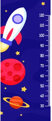 A height chart featuring a red and yellow rocket, a red planet with craters, a ringed orange planet, yellow stars and a scale from 40cm to 120cm on a deep blue background.