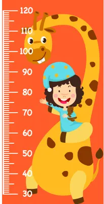 A cartoon giraffe with brown spots holds a smiling child in a blue hat on its neck against an orange background, with a height measurement scale marked from 30 to 120 on the left side.