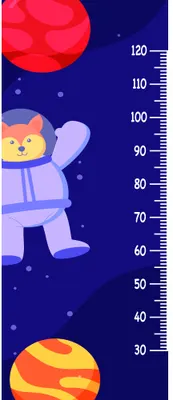 A cartoon illustration of a smiling cat wearing a purple spacesuit, floating among red and orange planets against a dark blue starry background, with a numbered height scale along one edge.