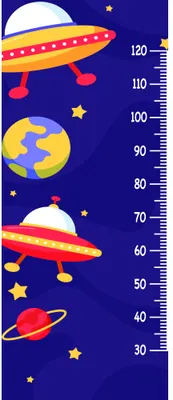 A height chart featuring three cartoon UFOs with portholes and red stripes, planets, a crescent moon and golden stars against a deep blue background, with measurement markings from 30 to 120 centimetres.