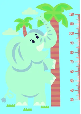 A cartoon elephant with a smiling face stands beside a tall palm tree with a height measurement scale running from 30 to 120 centimetres on the right side, set against a light blue sky with clouds.