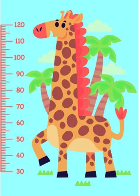 A cartoon giraffe with brown spots stands upright next to a pink measurement scale numbered 30 to 120, surrounded by green palm trees and tropical plants against a light blue background.