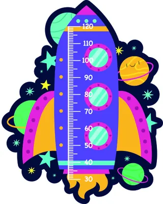 A vibrant illustrated rocket with a central height scale surrounded by colourful planets, stars and celestial shapes in shades of blue, purple, yellow, green and pink.