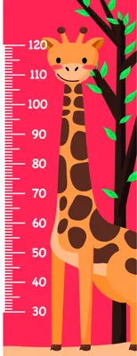A cartoon giraffe with a friendly smile stands against a bright pink background next to a height measurement scale marked in centimetres from 30 to 120.