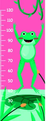 A bright green cartoon frog with a wide smile stands on a hot pink background next to a height measurement scale, with green lily pads and orange accents below.