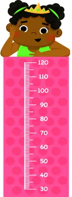 Illustration of a brown-skinned child wearing a yellow crown, smiling at the top of a bright pink growth chart marked from 30 to 120 centimetres.