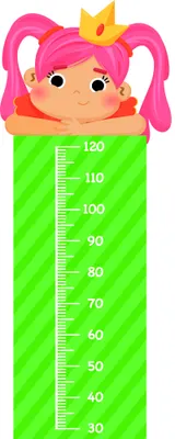 A cartoon illustration of a smiling girl with bright pink pigtails wearing a golden crown, positioned above a lime-green height measurement chart marked in centimetres from 30 to 120.