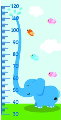 A blue cartoon elephant stands on green grass beneath a light blue sky, with a height measurement scale along its side ranging from 30 to 120 centimetres, and small coloured fish and clouds floating above.