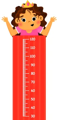 Illustrated girl with brown curly hair and pink dress smiling with both arms raised, positioned above a red height measurement chart marked from 30 to 120 centimetres.