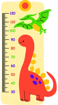 A cartoon-style growth chart featuring a large red dinosaur with yellow spots along its body, a measurement scale printed vertically, and a green flying dinosaur in the sunny yellow background.