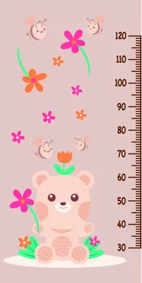 A pastel pink height chart featuring a smiling teddy bear with a round belly, surrounded by pink, orange and green flowers, leaves, and moon shapes with simple faces.