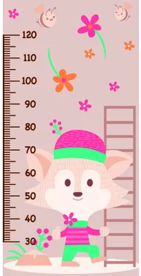 A pastel pink height chart with a smiling cartoon character wearing a pink and green outfit, surrounded by colourful flowers, moon shapes, and numbered measurement markers from 30 to 120 centimetres.
