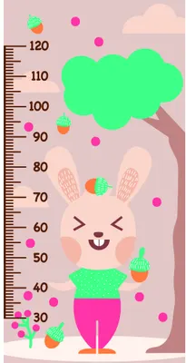 A smiling cartoon rabbit character stands beside a numbered height measurement scale from 30 to 120 centimetres, surrounded by colourful fruit and floating bubbles on a soft pink background.