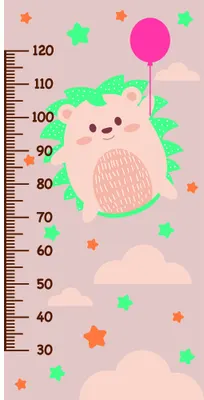 A soft illustration of a round-faced character with a pink belly holding a magenta balloon, surrounded by green and orange stars and cream clouds on a height measurement chart.