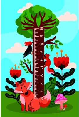 A brightly coloured illustration of a red fox sitting beside a tall tree with green foliage, surrounded by red apples and pink flowers, with a height measurement scale running vertically through the centre marked from 30 to 120 centimetres.
