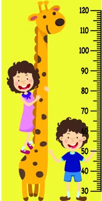 A cartoon height chart with a tall spotted giraffe and two smiling children in colourful clothes against a bright yellow background, marked with measurement numbers from 30 to 120 centimetres.