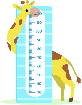 A height measurement chart with a light blue border features a yellow giraffe with brown patches on the left side and another on the right, with a central ruler marked from 30 to 120 centimetres.