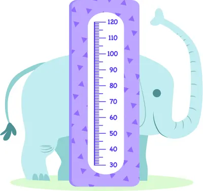A light blue cartoon elephant curves around a purple height chart marked with measurements from 30 to 120 centimetres, decorated with small purple triangles.