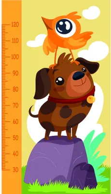 A bright illustrated height chart featuring an orange bird perched on a brown dog balanced on a purple rock, with measurement markings on the left side and clouds in a yellow sky.