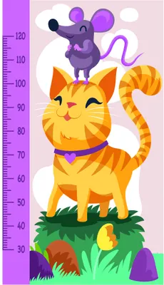 A colourful height chart illustration showing a yellow tabby cat with a purple mouse standing on its head, surrounded by grass and small mushrooms against a pink background with a measurement scale.