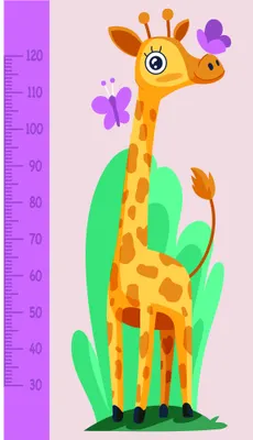 A bright illustration of a yellow giraffe with orange spots standing among green cacti and purple flowers against a pink background, with a purple measurement scale on the left side.
