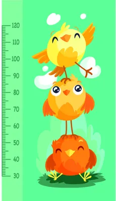 A height chart featuring three cartoon owls stacked vertically in yellow, orange, and red tones with measurement numbers along the left edge on a mint green background.