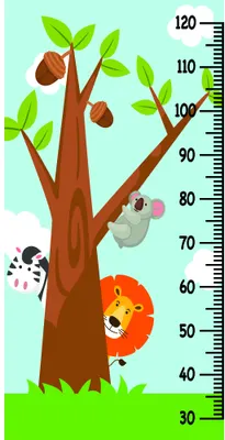 A cartoon height chart featuring a brown tree with green leaves, a koala and lion climbing the trunk, with measurement markings from 30 to 120 centimetres alongside green grass at the base.