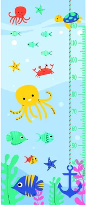 A height chart featuring a yellow octopus with striped arms surrounded by swimming fish, starfish, an anchor, coral, and jellyfish on a light blue background with measurement markings.